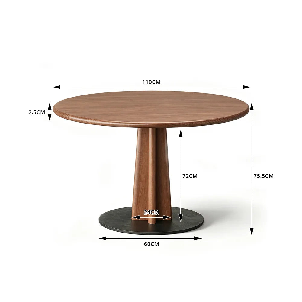 LUXORA 100/110cm Solid Rubberwood Round Dining Table, Modern Kitchen Table with Tapered Wood Pedestal and Sturdy Metal Base - Walnut
