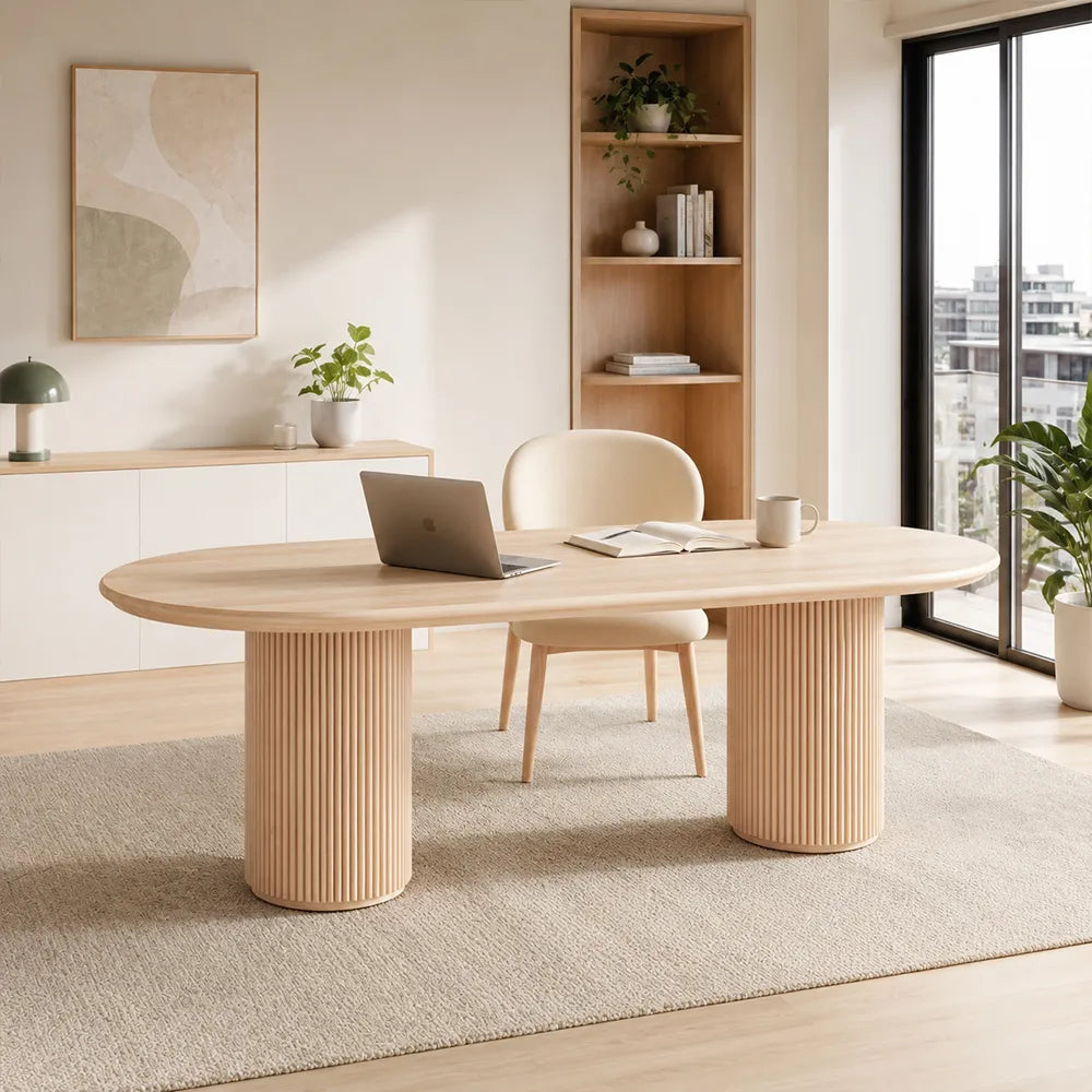 LUXORA 160/180cm Solid New Zealand Pine Wood Dining Table, Modern Oval Kitchen Table with Fluted Cylindrical Pedestal Legs - Natural