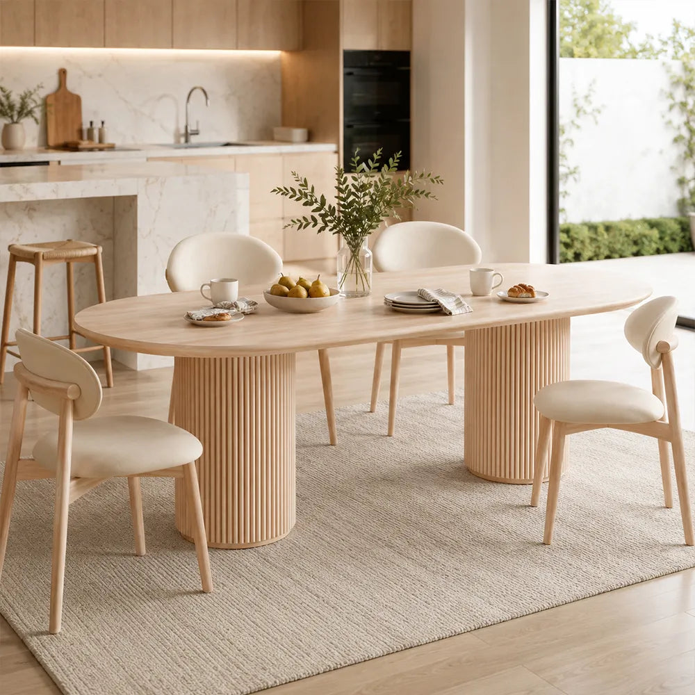 LUXORA 160/180cm Solid New Zealand Pine Wood Dining Table, Modern Oval Kitchen Table with Fluted Cylindrical Pedestal Legs - Natural