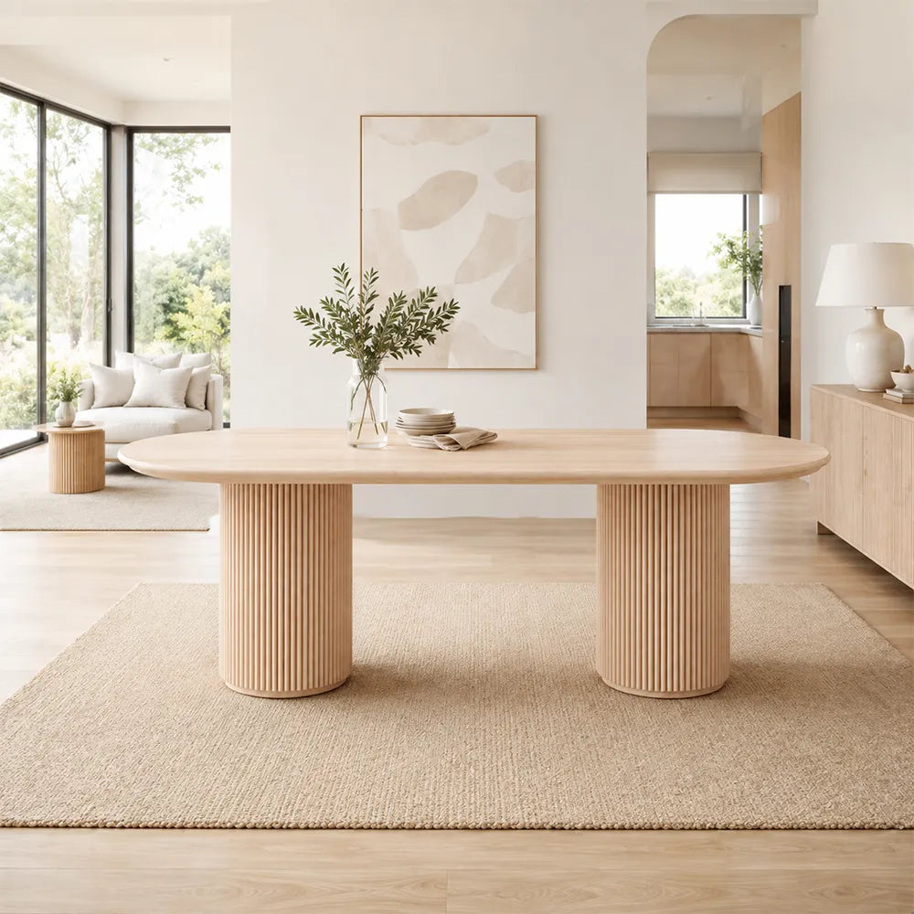 LUXORA 160/180cm Solid New Zealand Pine Wood Dining Table, Modern Oval Kitchen Table with Fluted Cylindrical Pedestal Legs - Natural