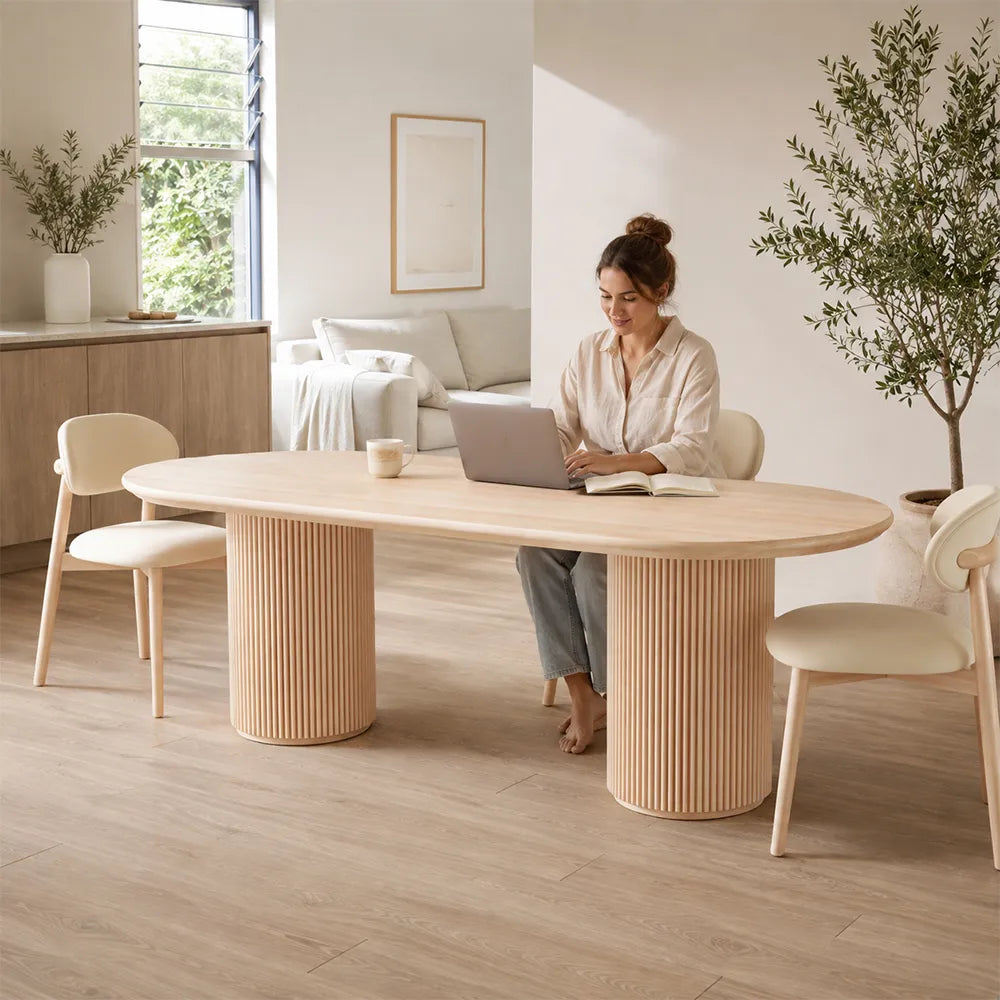 LUXORA 160/180cm Solid New Zealand Pine Wood Dining Table, Modern Oval Kitchen Table with Fluted Cylindrical Pedestal Legs - Natural