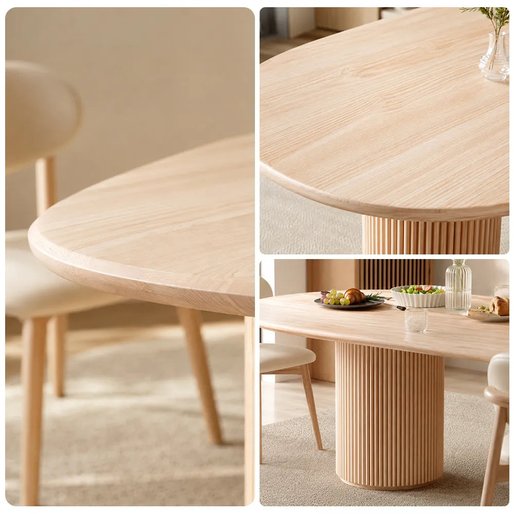 LUXORA 160/180cm Solid New Zealand Pine Wood Dining Table, Modern Oval Kitchen Table with Fluted Cylindrical Pedestal Legs - Natural