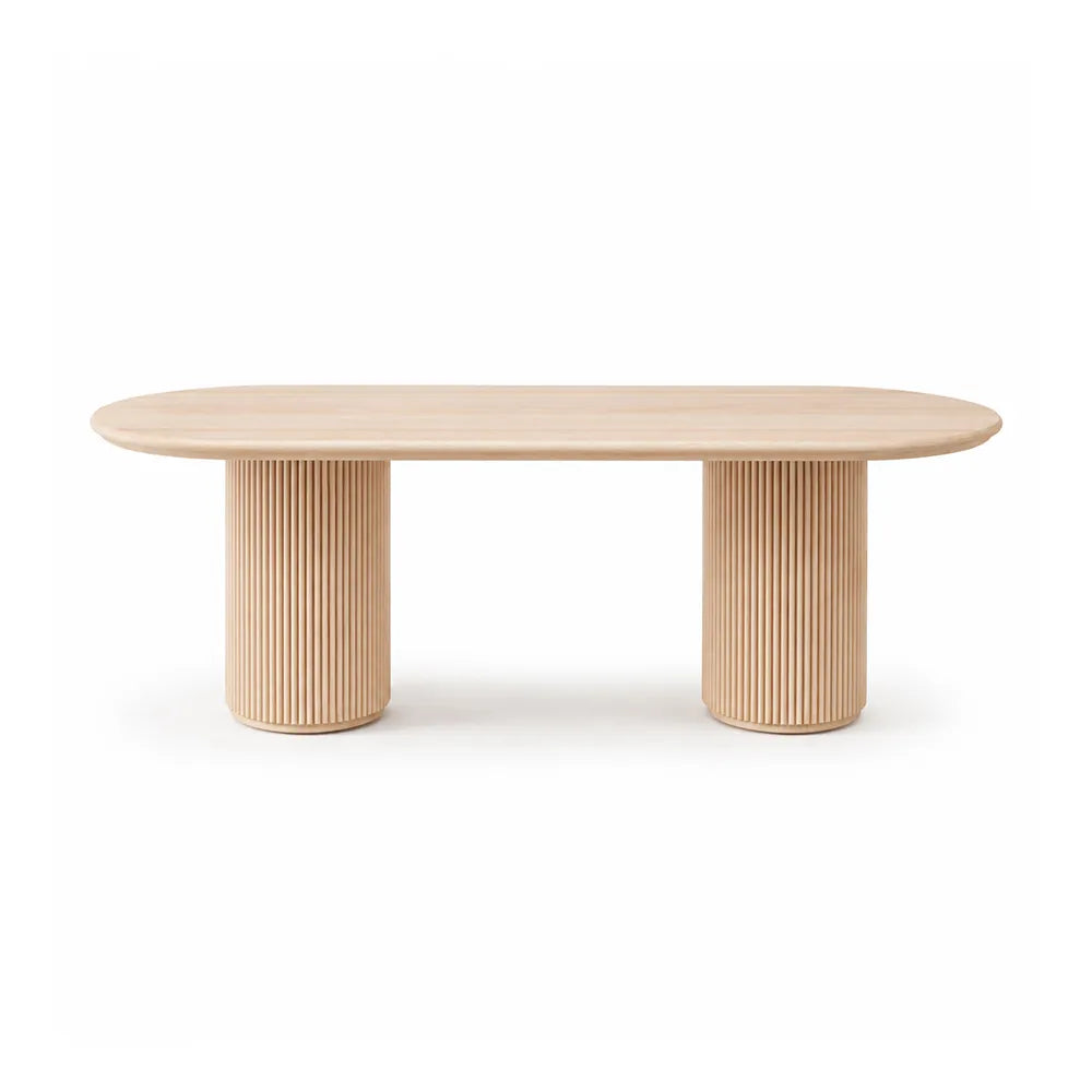 LUXORA 160/180cm Solid New Zealand Pine Wood Dining Table, Modern Oval Kitchen Table with Fluted Cylindrical Pedestal Legs - Natural