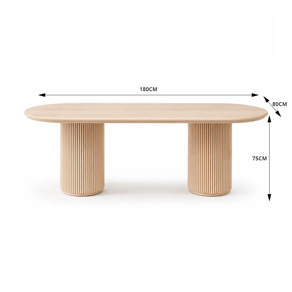 LUXORA 160/180cm Solid New Zealand Pine Wood Dining Table, Modern Oval Kitchen Table with Fluted Cylindrical Pedestal Legs - Natural