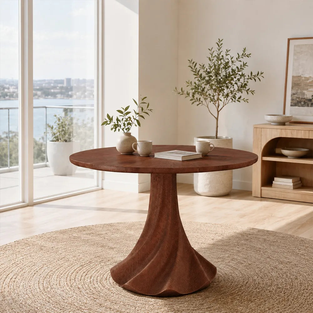 LUXORA 100cm Round Dining Table, Modern Kitchen Table with White Oak Veneer Top and Sculptural Flared Pedestal Base - Walnut