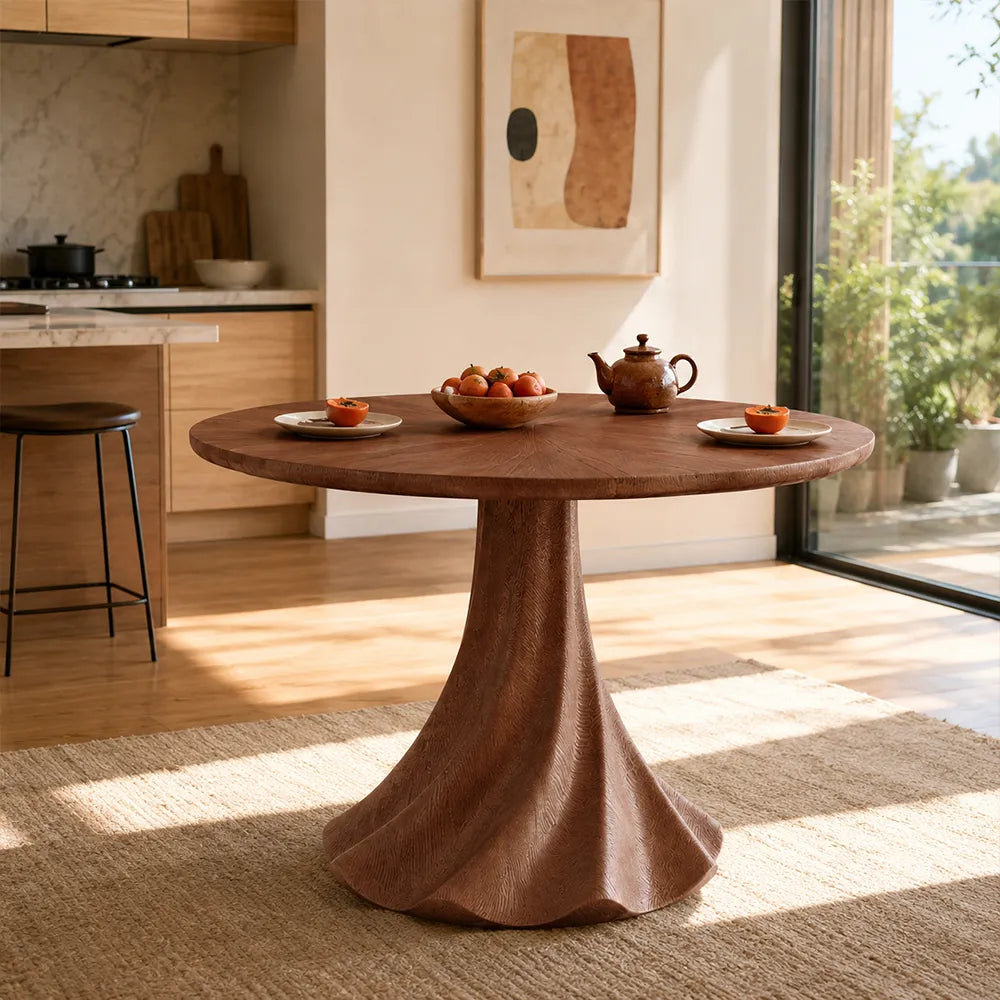 LUXORA 100cm Round Dining Table, Modern Kitchen Table with White Oak Veneer Top and Sculptural Flared Pedestal Base - Walnut