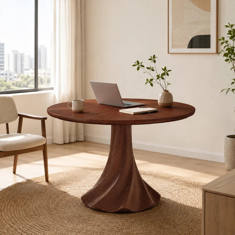 LUXORA 100cm Round Dining Table, Modern Kitchen Table with White Oak Veneer Top and Sculptural Flared Pedestal Base - Walnut