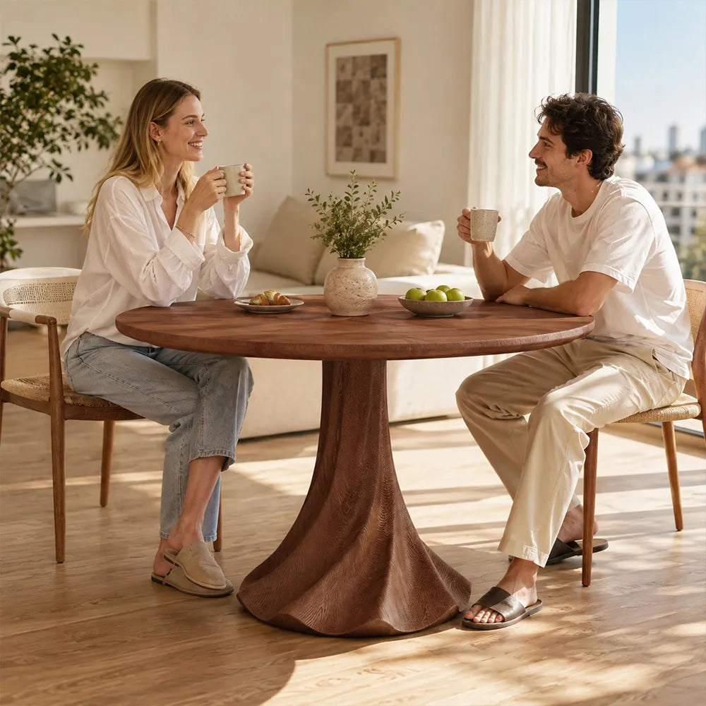 LUXORA 100cm Round Dining Table, Modern Kitchen Table with White Oak Veneer Top and Sculptural Flared Pedestal Base - Walnut