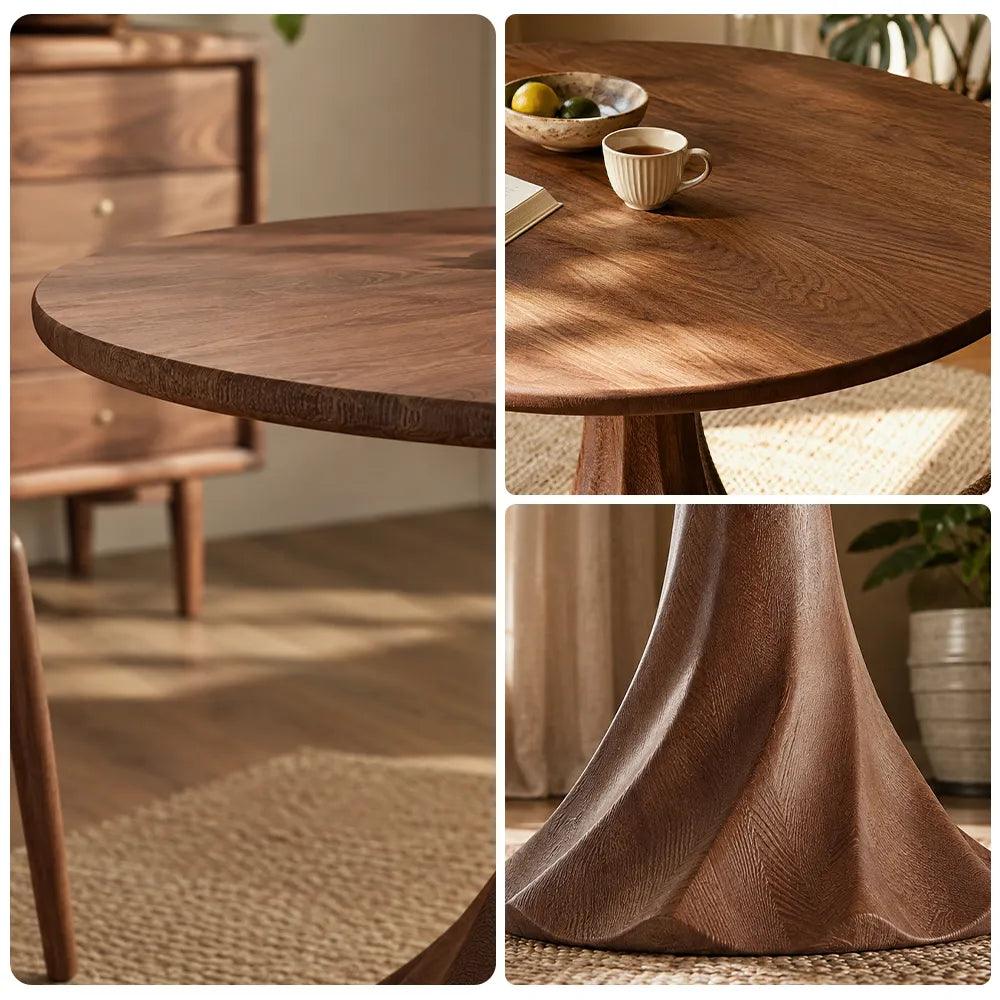 LUXORA 100cm Round Dining Table, Modern Kitchen Table with White Oak Veneer Top and Sculptural Flared Pedestal Base - Walnut