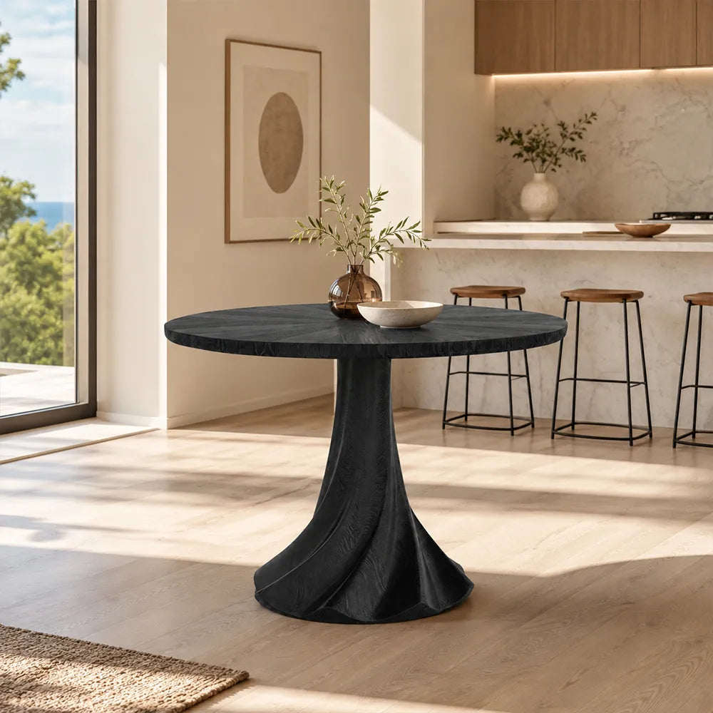 LUXORA 100cm Round Dining Table, Modern Kitchen Table with White Oak Veneer Top and Sculptural Flared Pedestal Base - Black