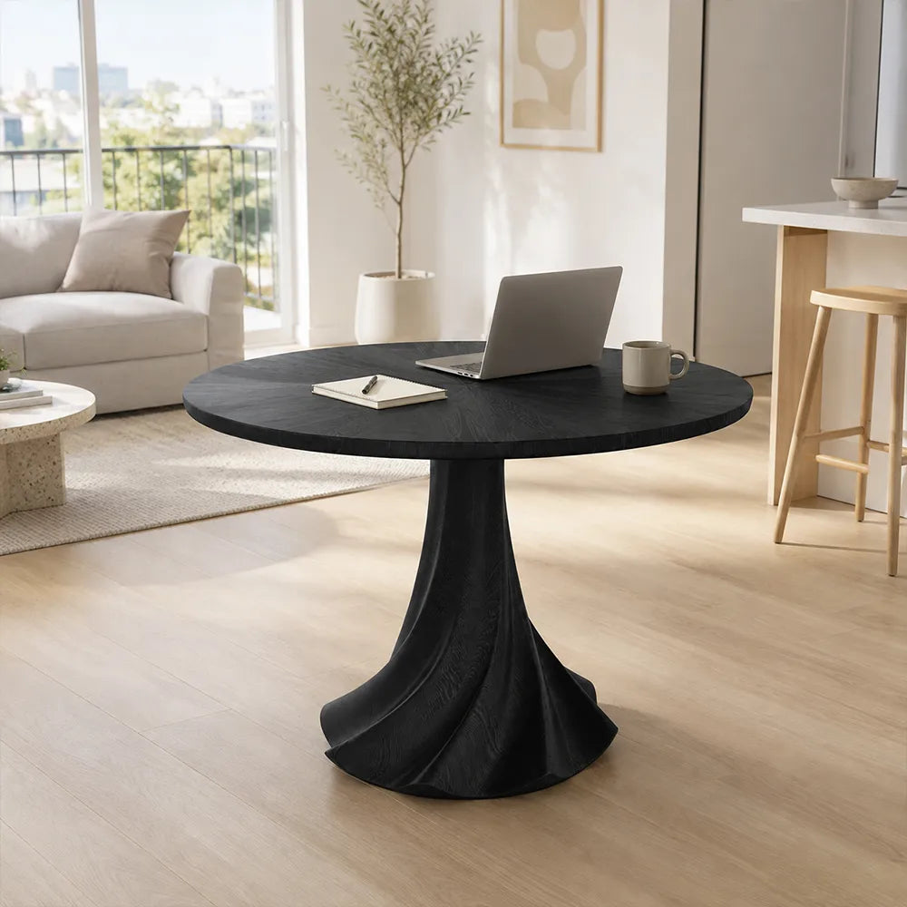 LUXORA 100cm Round Dining Table, Modern Kitchen Table with White Oak Veneer Top and Sculptural Flared Pedestal Base - Black
