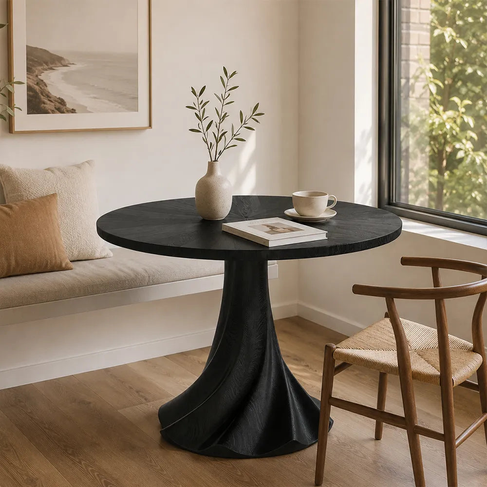 LUXORA 100cm Round Dining Table, Modern Kitchen Table with White Oak Veneer Top and Sculptural Flared Pedestal Base - Black