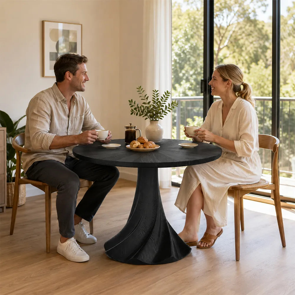 LUXORA 100cm Round Dining Table, Modern Kitchen Table with White Oak Veneer Top and Sculptural Flared Pedestal Base - Black