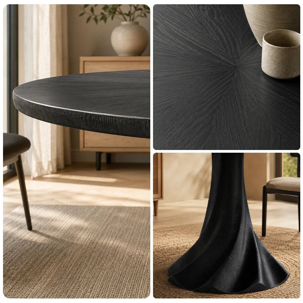 LUXORA 100cm Round Dining Table, Modern Kitchen Table with White Oak Veneer Top and Sculptural Flared Pedestal Base - Black