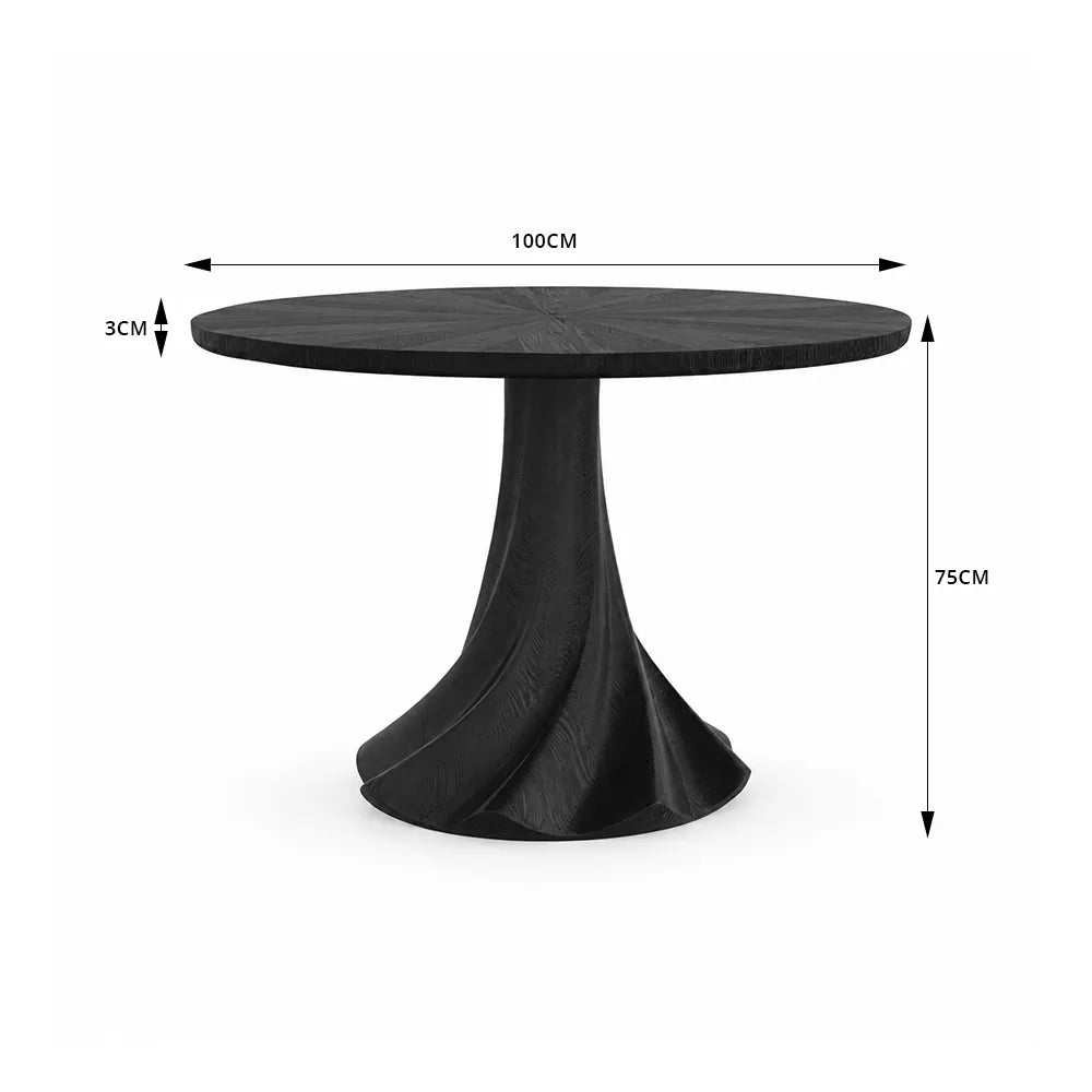 LUXORA 100cm Round Dining Table, Modern Kitchen Table with White Oak Veneer Top and Sculptural Flared Pedestal Base - Black