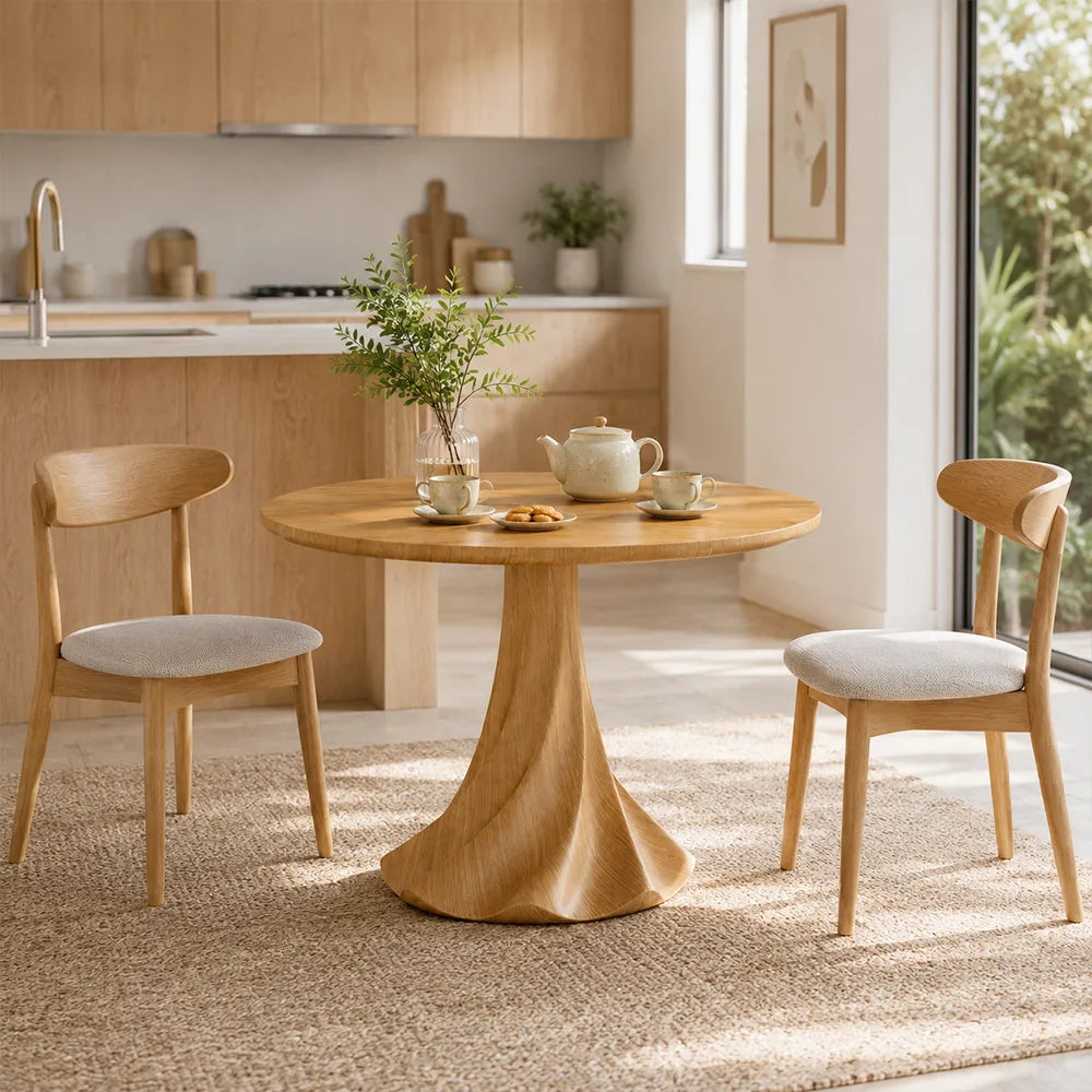 LUXORA 100cm Round Dining Table, Modern Kitchen Table with White Oak Veneer Top and Sculptural Flared Pedestal Base - Wood