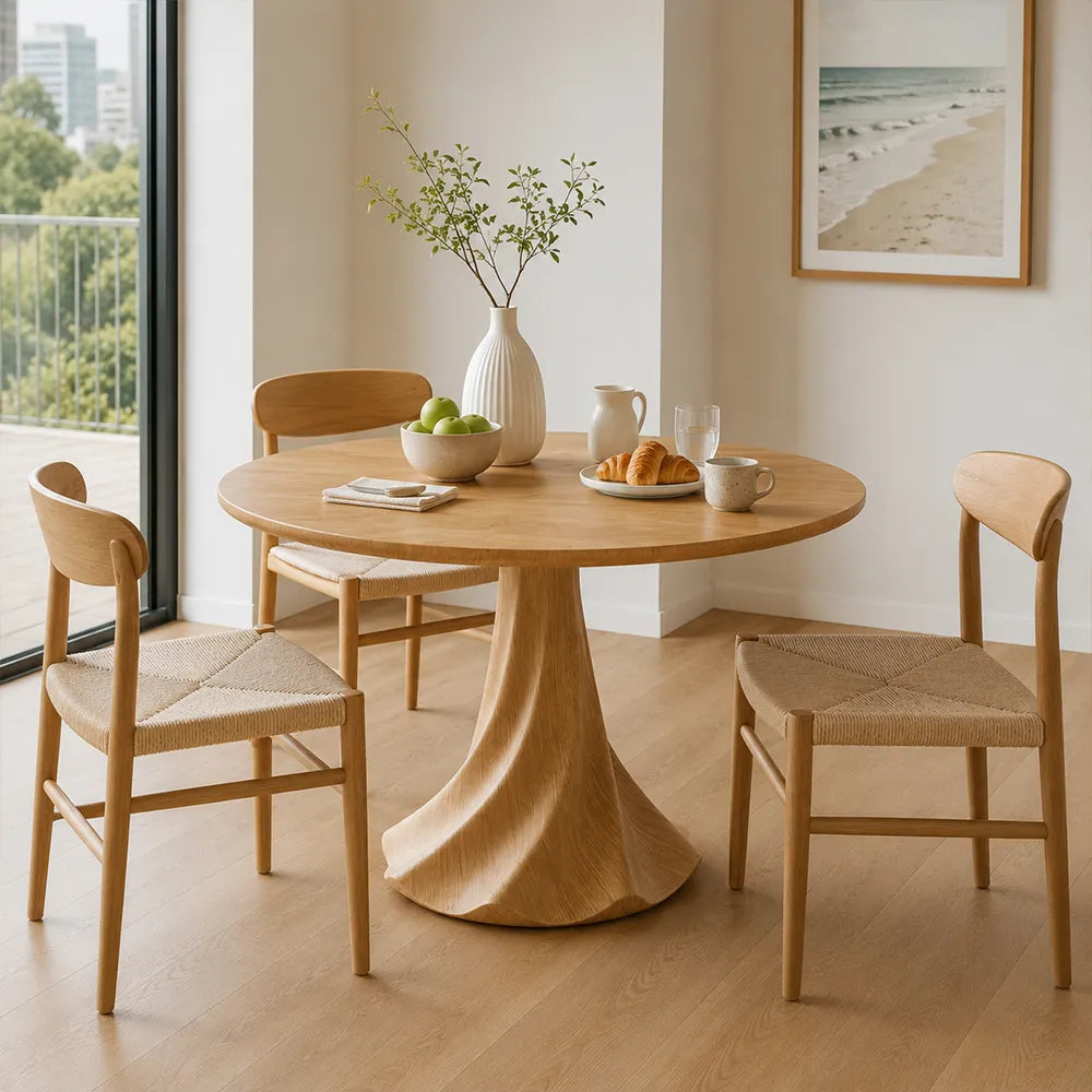 LUXORA 100cm Round Dining Table, Modern Kitchen Table with White Oak Veneer Top and Sculptural Flared Pedestal Base - Wood