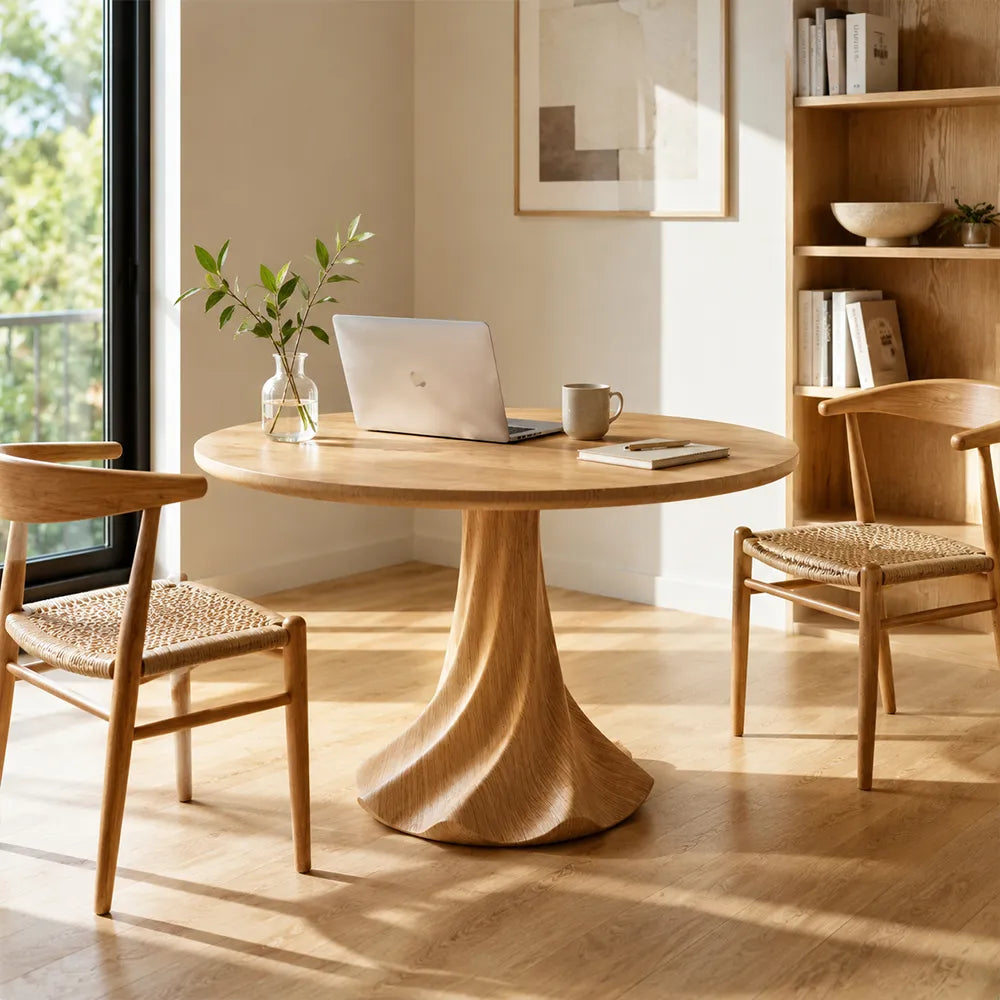 LUXORA 100cm Round Dining Table, Modern Kitchen Table with White Oak Veneer Top and Sculptural Flared Pedestal Base - Wood