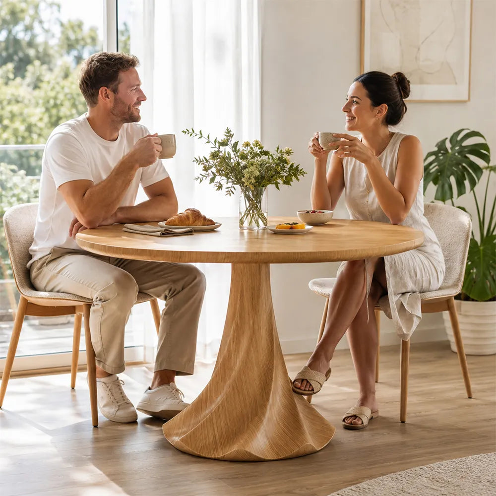 LUXORA 100cm Round Dining Table, Modern Kitchen Table with White Oak Veneer Top and Sculptural Flared Pedestal Base - Wood