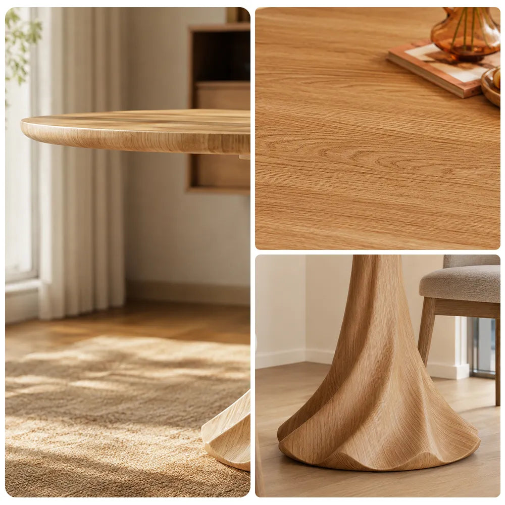 LUXORA 100cm Round Dining Table, Modern Kitchen Table with White Oak Veneer Top and Sculptural Flared Pedestal Base - Wood