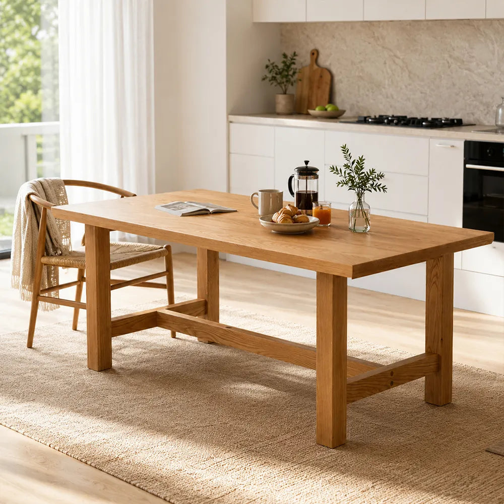 LUXORA 140/160cm Solid Oak Wood Dining Table, Modern Rectangular Kitchen Table with Thick Solid Wood Top and Sturdy Wooden Legs - Natural Oak
