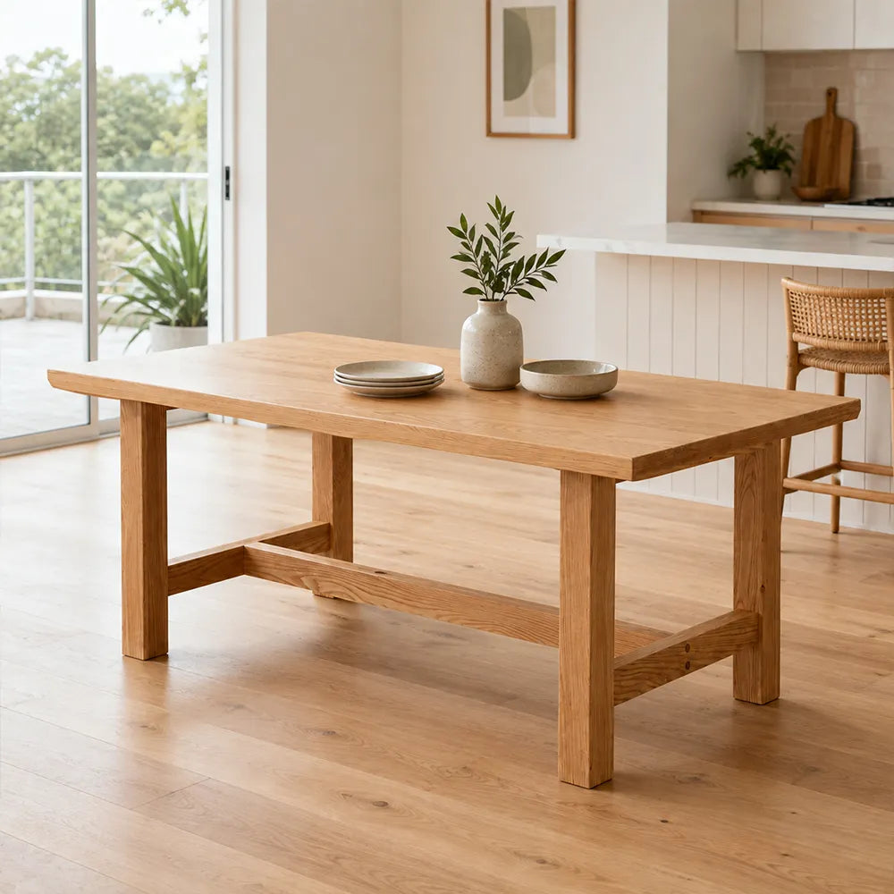 LUXORA 140/160cm Solid Oak Wood Dining Table, Modern Rectangular Kitchen Table with Thick Solid Wood Top and Sturdy Wooden Legs - Natural Oak