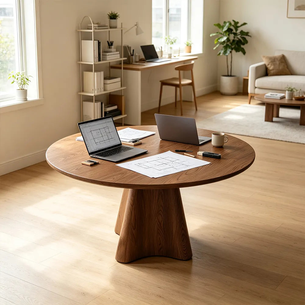 LUXORA Modern Round Solid Wood Dining Table Thick Tabletop Sculptural Pedestal Base Natural Wood Grain 120/135cm - Walnut