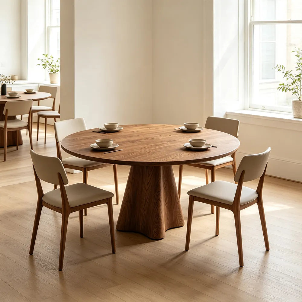 LUXORA Modern Round Solid Wood Dining Table Thick Tabletop Sculptural Pedestal Base Natural Wood Grain 120/135cm - Walnut