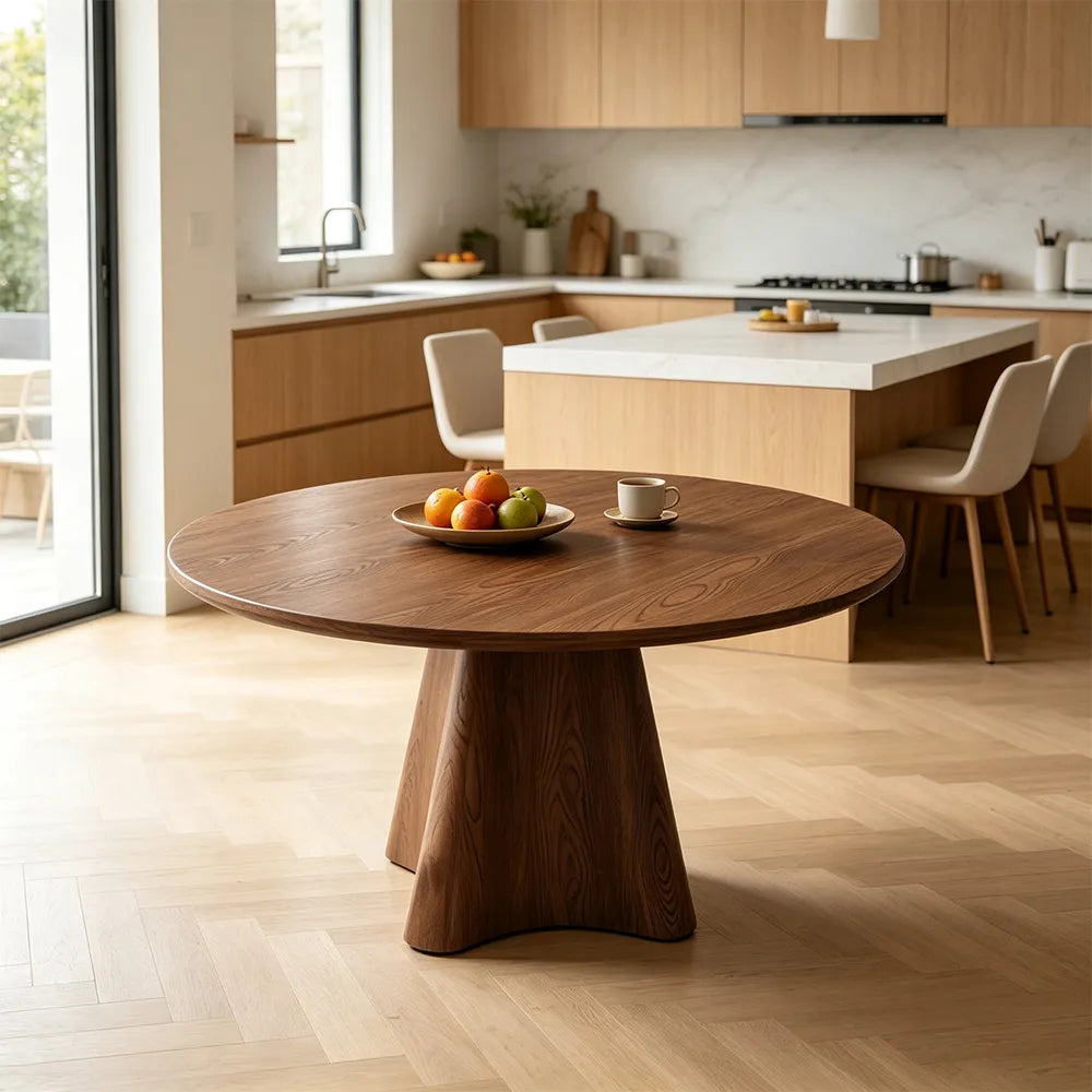LUXORA Modern Round Solid Wood Dining Table Thick Tabletop Sculptural Pedestal Base Natural Wood Grain 120/135cm - Walnut
