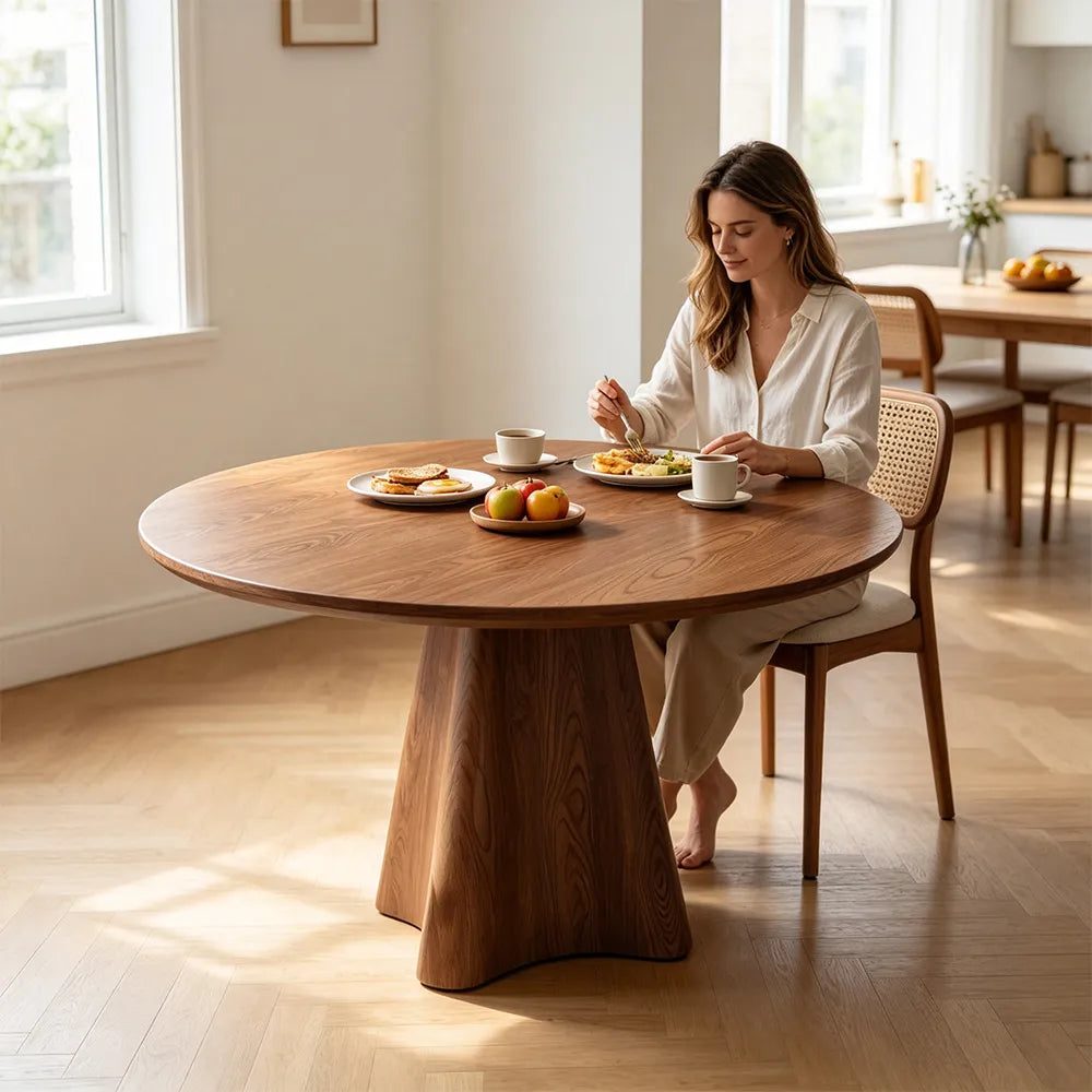 LUXORA Modern Round Solid Wood Dining Table Thick Tabletop Sculptural Pedestal Base Natural Wood Grain 120/135cm - Walnut