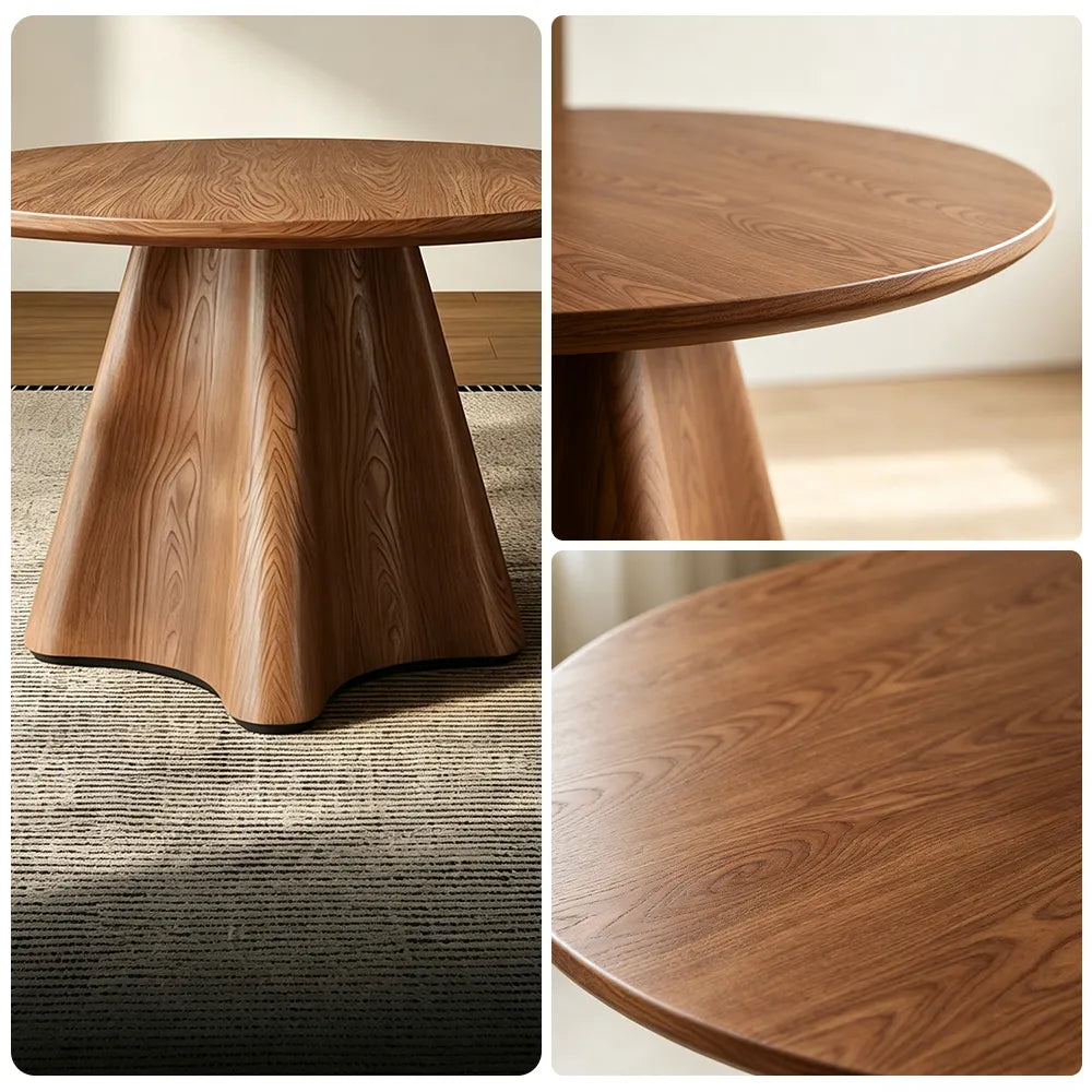 LUXORA Modern Round Solid Wood Dining Table Thick Tabletop Sculptural Pedestal Base Natural Wood Grain 120/135cm - Walnut