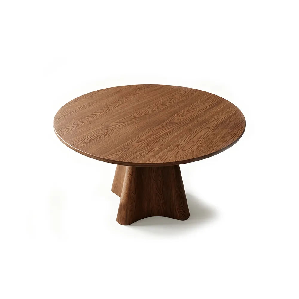 LUXORA Modern Round Solid Wood Dining Table Thick Tabletop Sculptural Pedestal Base Natural Wood Grain 120/135cm - Walnut