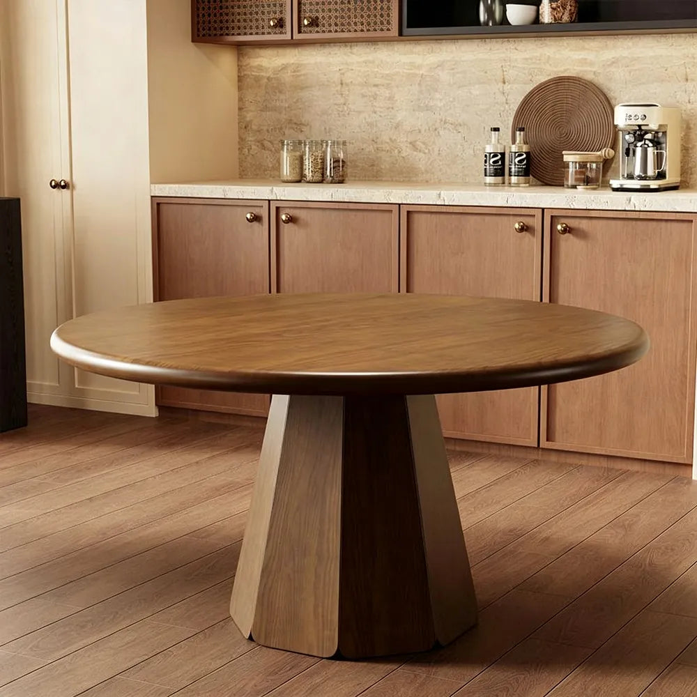 LUXORA Round Solid Pine Wood Dining Table 45mm Thick Tabletop Sculptural Pedestal Base 120cm for 3-6 People - Walnut