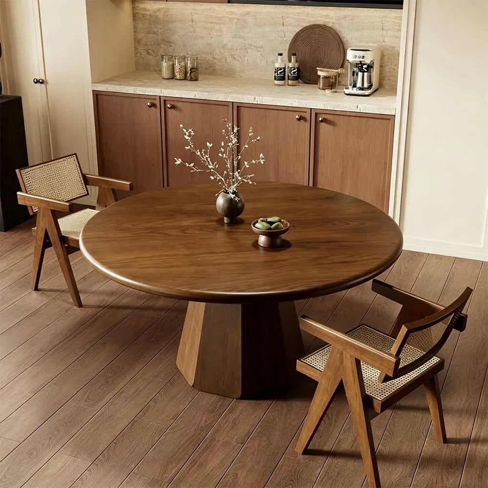 LUXORA Round Solid Pine Wood Dining Table 45mm Thick Tabletop Sculptural Pedestal Base 120cm for 3-6 People - Walnut