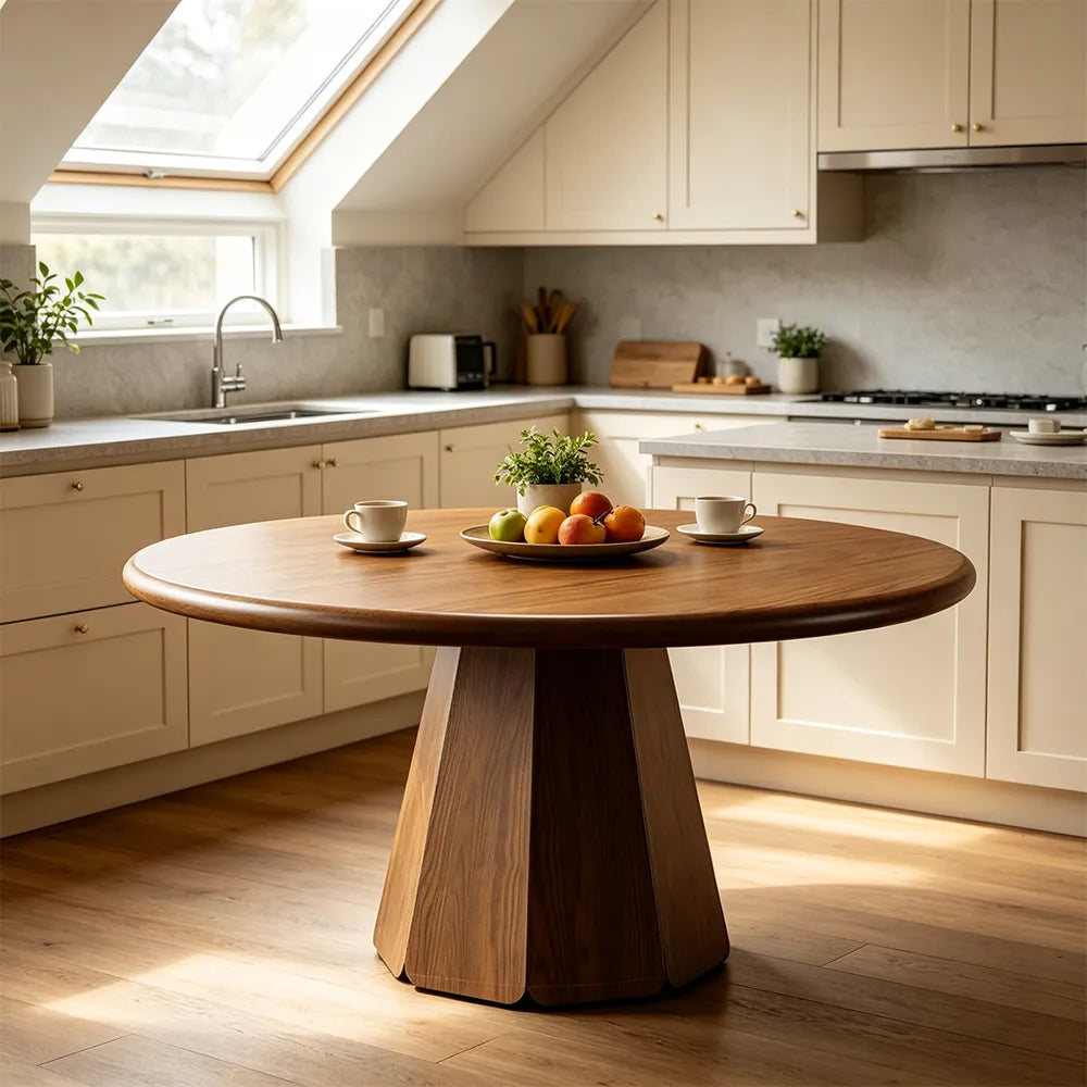 LUXORA Round Solid Pine Wood Dining Table 45mm Thick Tabletop Sculptural Pedestal Base 120cm for 3-6 People - Walnut