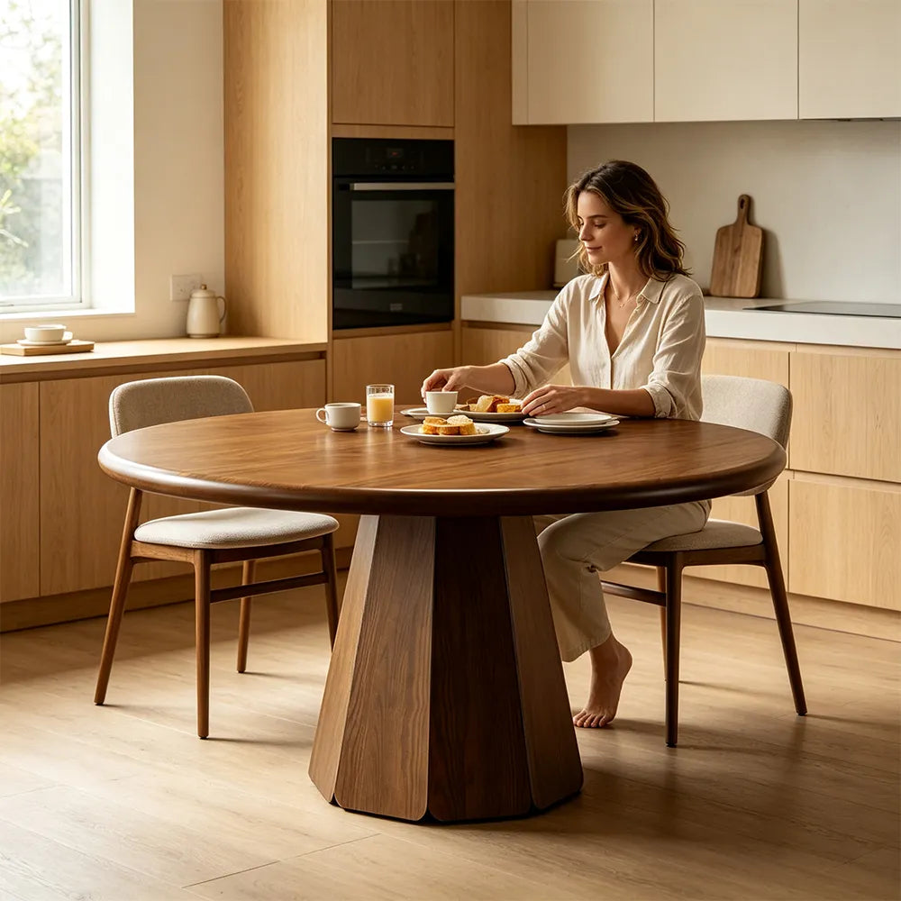 LUXORA Round Solid Pine Wood Dining Table 45mm Thick Tabletop Sculptural Pedestal Base 120cm for 3-6 People - Walnut