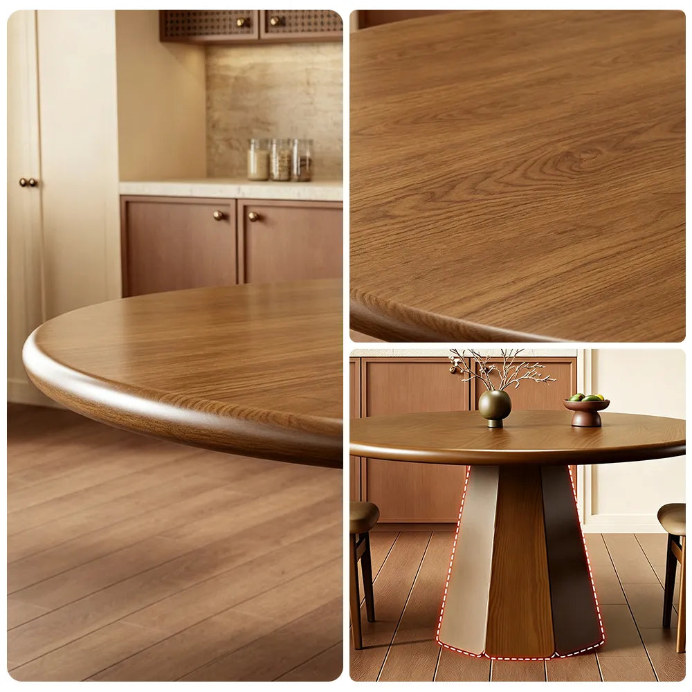 LUXORA Round Solid Pine Wood Dining Table 45mm Thick Tabletop Sculptural Pedestal Base 120cm for 3-6 People - Walnut