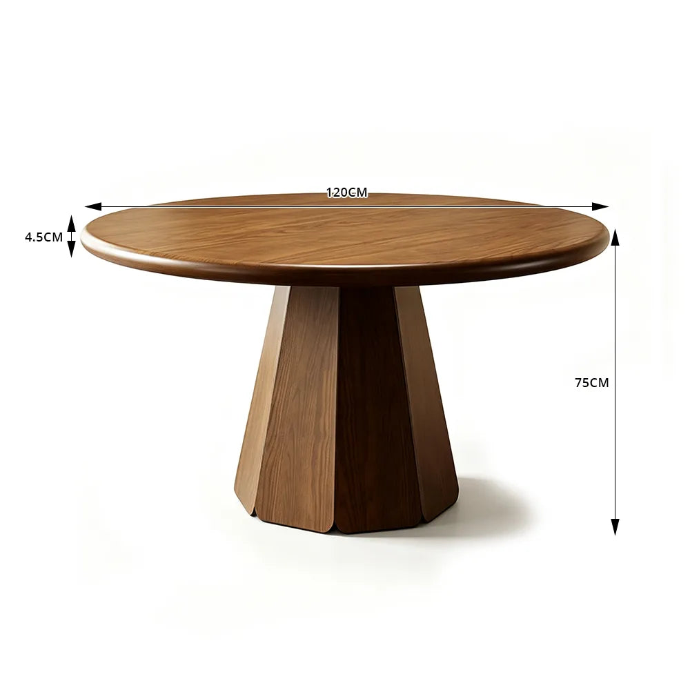 LUXORA Round Solid Pine Wood Dining Table 45mm Thick Tabletop Sculptural Pedestal Base 120cm for 3-6 People - Walnut