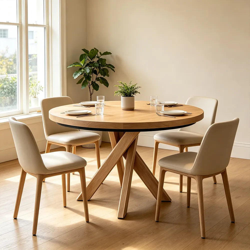 LUXORA Round Solid Pine Wood Dining Table 45mm Thick Top Crossed Leg Base 90/100cm for Dining Room Kitchen - Walnut