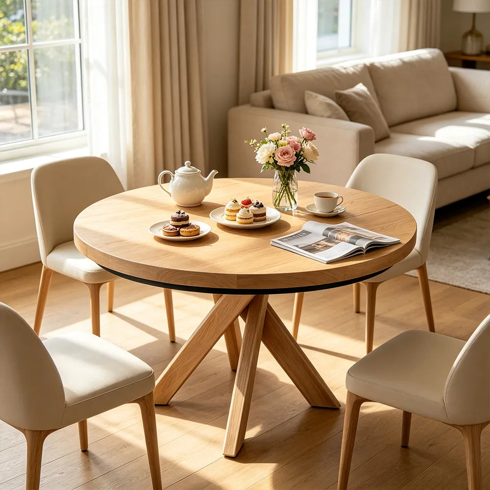 LUXORA Round Solid Pine Wood Dining Table 45mm Thick Top Crossed Leg Base 90/100cm for Dining Room Kitchen - Walnut