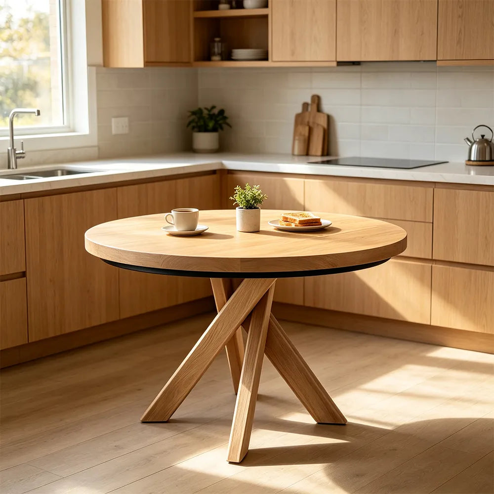 LUXORA Round Solid Pine Wood Dining Table 45mm Thick Top Crossed Leg Base 90/100cm for Dining Room Kitchen - Walnut