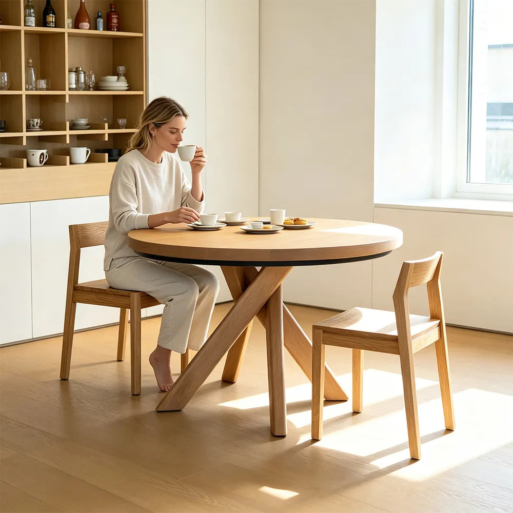 LUXORA Round Solid Pine Wood Dining Table 45mm Thick Top Crossed Leg Base 90/100cm for Dining Room Kitchen - Walnut