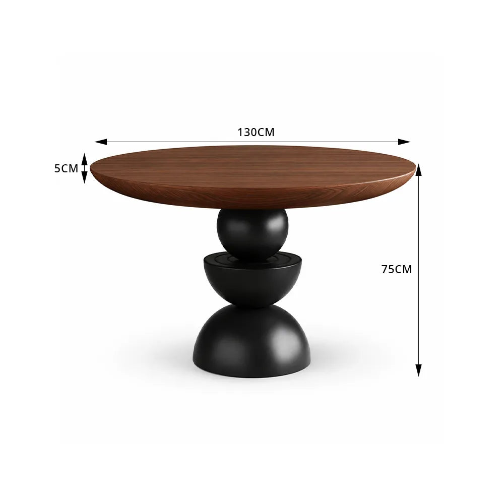 LIVARA Modern Round Solid Birch Wood Dining Table 50mm Thick Top Sculptural Triple Sphere Pedestal Base 120/130cm for Dining Room - Walnut & Black