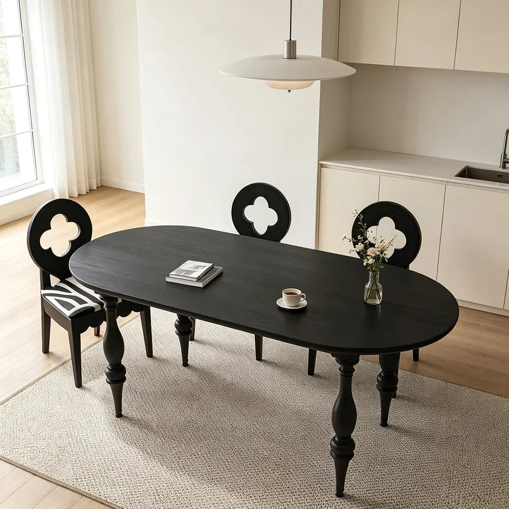 LUXORA Vintage Oval Solid Pine Wood Dining Table Elegant Turned Wooden Legs French Style 140/160cm for Dining Room Kitchen - Black