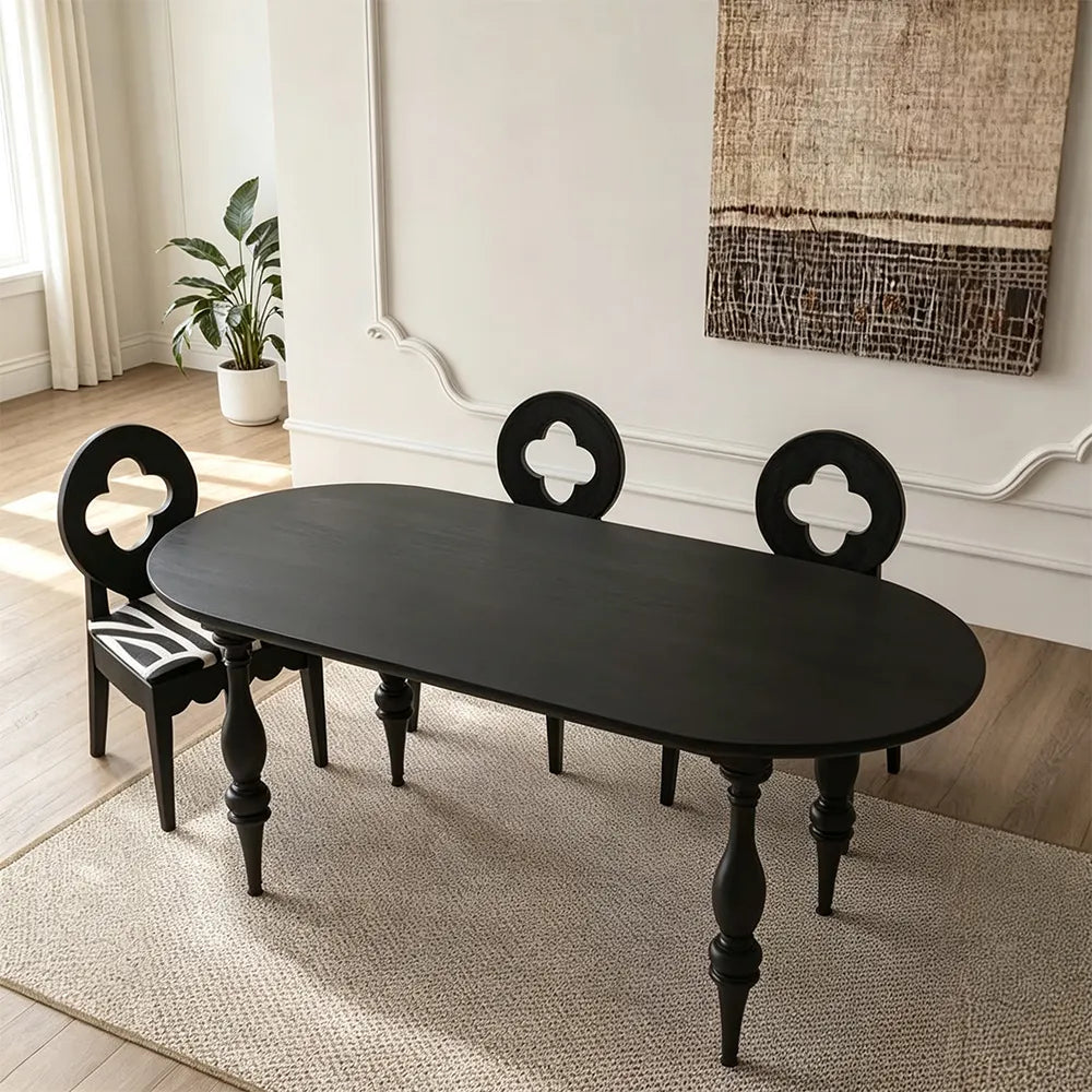 LUXORA Vintage Oval Solid Pine Wood Dining Table Elegant Turned Wooden Legs French Style 140/160cm for Dining Room Kitchen - Black