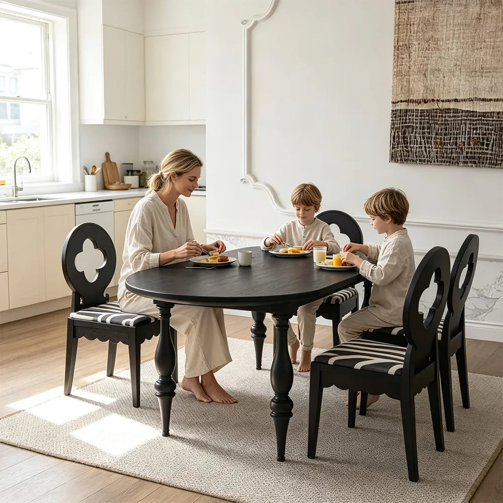 LUXORA Vintage Oval Solid Pine Wood Dining Table Elegant Turned Wooden Legs French Style 140/160cm for Dining Room Kitchen - Black