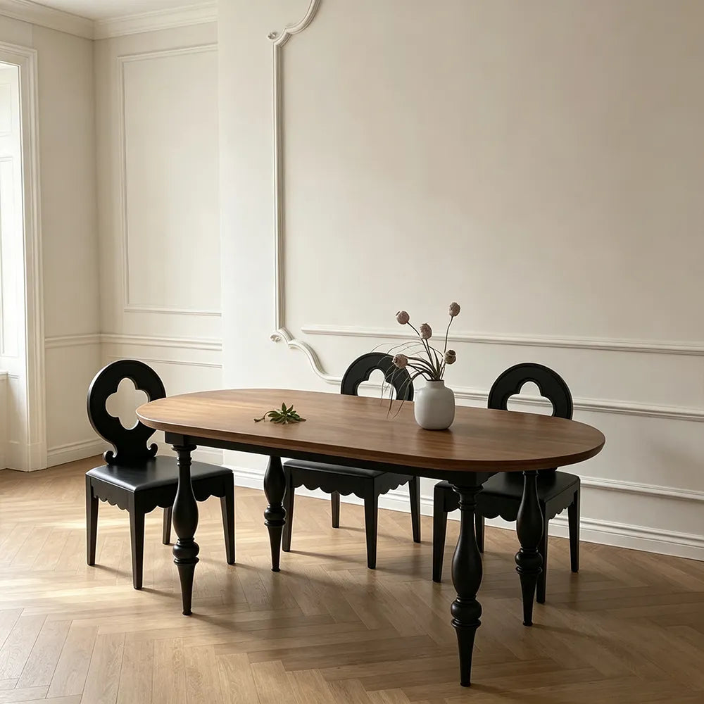 LUXORA Vintage Oval Solid Pine Wood Dining Table Elegant Turned Wooden Legs French Style 140/160cm for Dining Room Kitchen - Walnut & Black