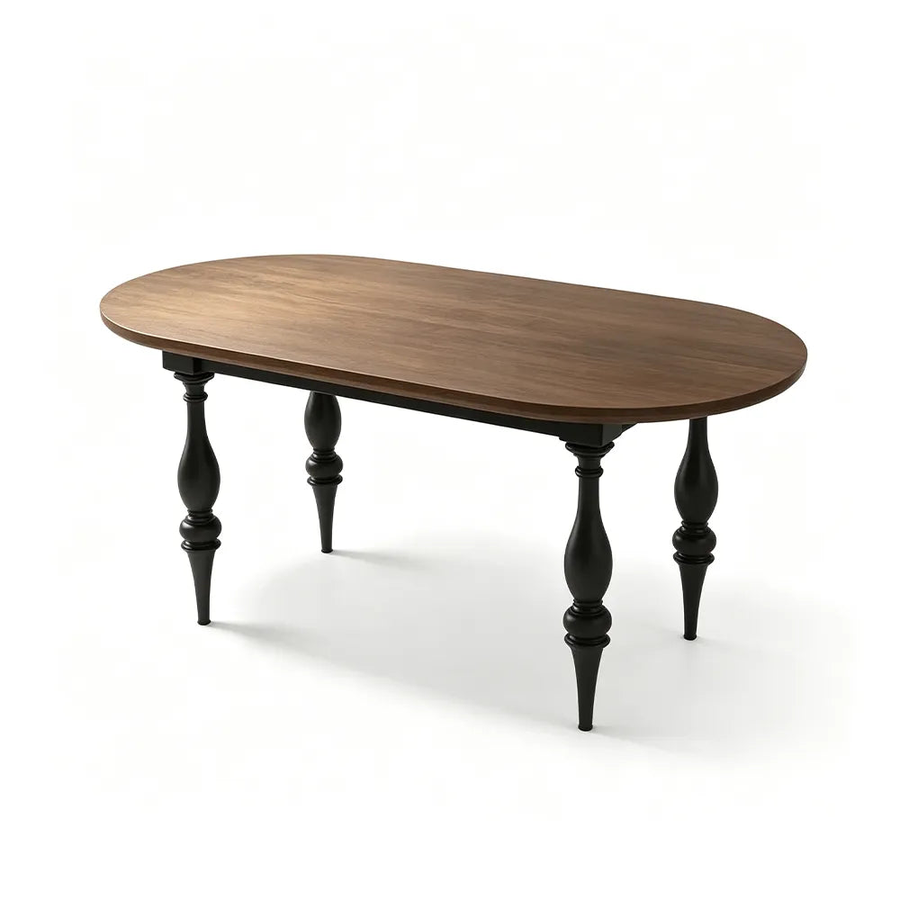 LUXORA Vintage Oval Solid Pine Wood Dining Table Elegant Turned Wooden Legs French Style 140/160cm for Dining Room Kitchen - Walnut & Black