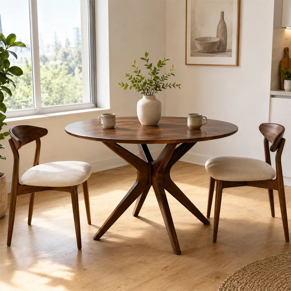 LUXORA Mid Century Round Solid Pine Wood Dining Table Natural Wood Grain Sculptural M-Shaped Pedestal Base 90/100cm for Dining Room Kitchen - Walnut