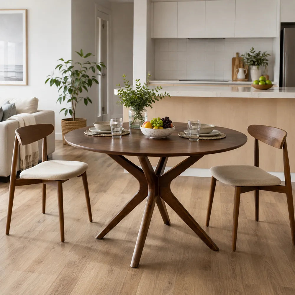 LUXORA Mid Century Round Solid Pine Wood Dining Table Natural Wood Grain Sculptural M-Shaped Pedestal Base 90/100cm for Dining Room Kitchen - Walnut